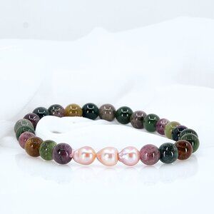 Elegant Tourmaline & Edison Pearl Stretch Bracelet, Fast Shipping